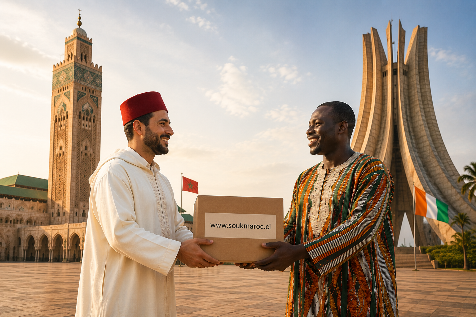 Un commerçant marocain remet un colis à un client ivoirien